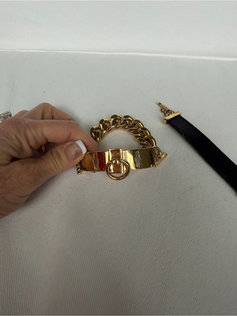 BCBGMaxAzria Gold Chain Bracelet with Black Leather Strap Accent - Picture 2 of 3